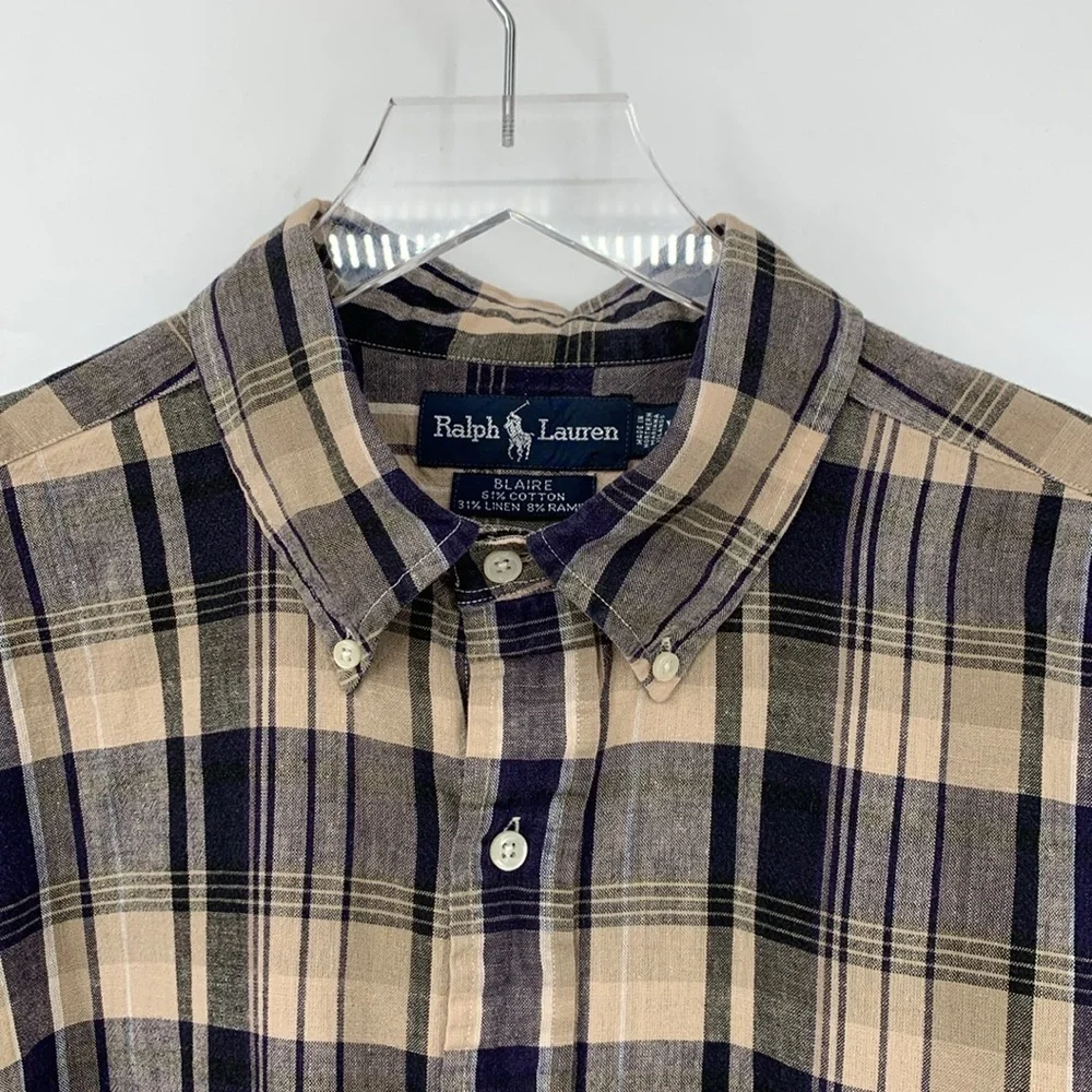 Polo Ralph Lauren Blaire button down plaid shirt navy blue tan plaid men XL